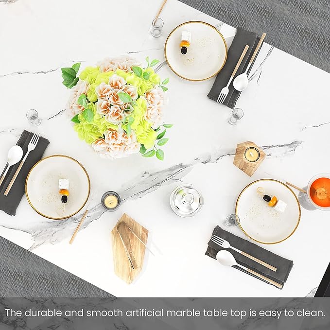 Dining Room Table Set with 2 Benches, Dining Table Set for 4-6, Dinner Table Set for 4, Faux Marble Breakfast Table Set & PU Leather Upholstered Benches for Small Spaces, Apartment, White