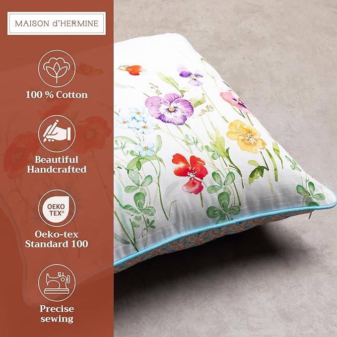 Maison d' Hermine Decorative Pillow Cover 100% Cotton 18 Inch x 18 Inch Square Toile Washable Cushion Covers with Invisible Zipper for Couch, Bedroom, Home, Summer Whisper
