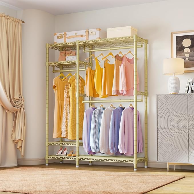 VIPEK V2S Heavy Duty Clothes Rack 4 Tiers Wire Shelving Garment Racks with 3 Hanging Rods Compact Freestanding Closet Metal Closet Rack, Max Load 700LBS, Gold