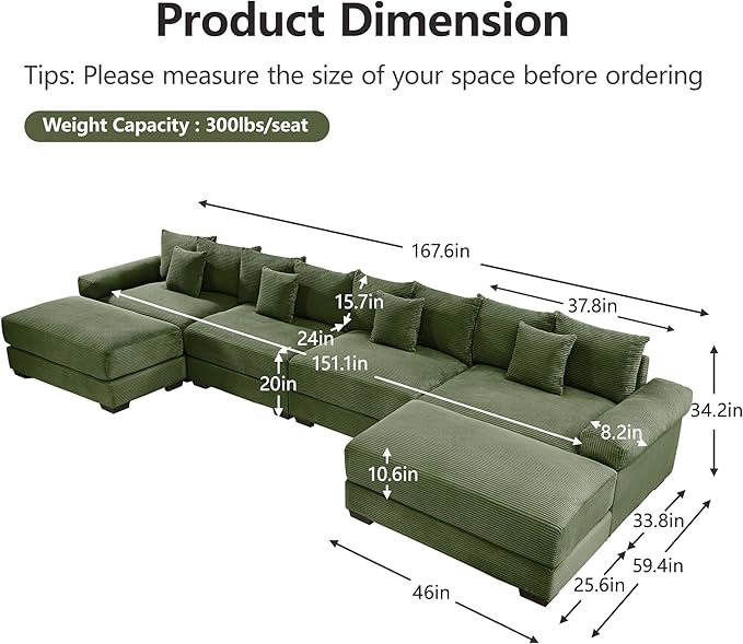 KEIKI 130" U-Shaped Oversized Corduroy Modular Cloud Sectional Sofa with 2 Ottoman, High-Density Foam Cushion, Extra-Thick Armrest, 3-Seater Fluffy Corner Couch with 9 Pillow, for Living Room, Green