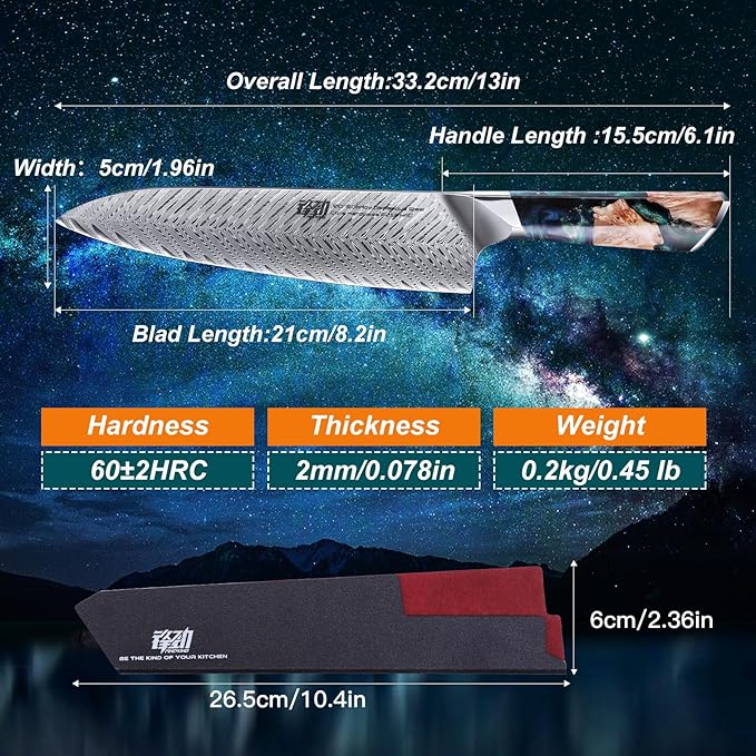 FINDKING Nebula Series Chef Knife with ABS Sheath, Multipurpose Japanese Gyuto Knife, 10Cr15CoMov Damascus Steel Blade, Resin and Figured Sycamore wood Handle, Full Tang, 8 Inch, Blue, for Meat