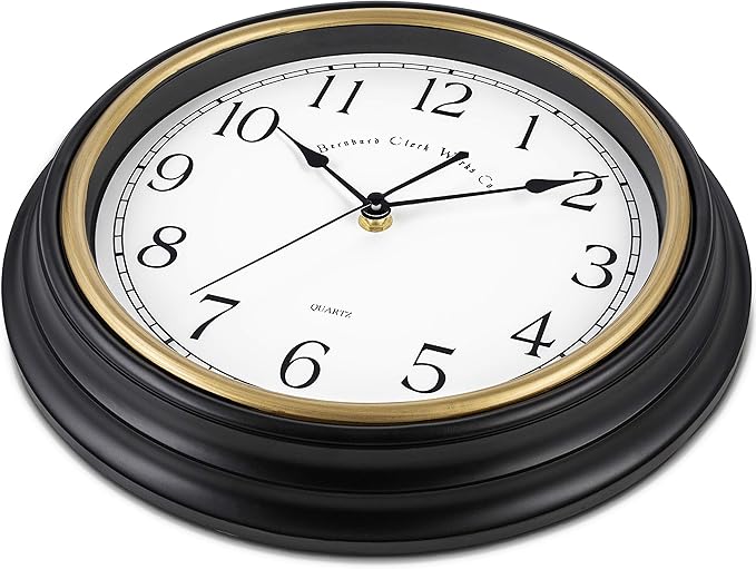 Bernhard Products Decorative Black Wall Clock 12 Inch Silent Non Ticking Battery Operated Vintage Elegant Retro Clocks for Living Room Decor, Kitchen Office Dining Room Bedroom School Classroom
