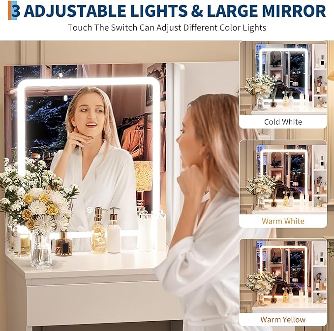 Vanity Desk with Mirror and LED Light, Vanity Desk with 4 Drawers, Power Outlet, Storage Stool, Storage Shelves & Hair Dryer Holder, Adjustable 3 Lighting Mode, Makeup Vanity Set for Bedroom, White