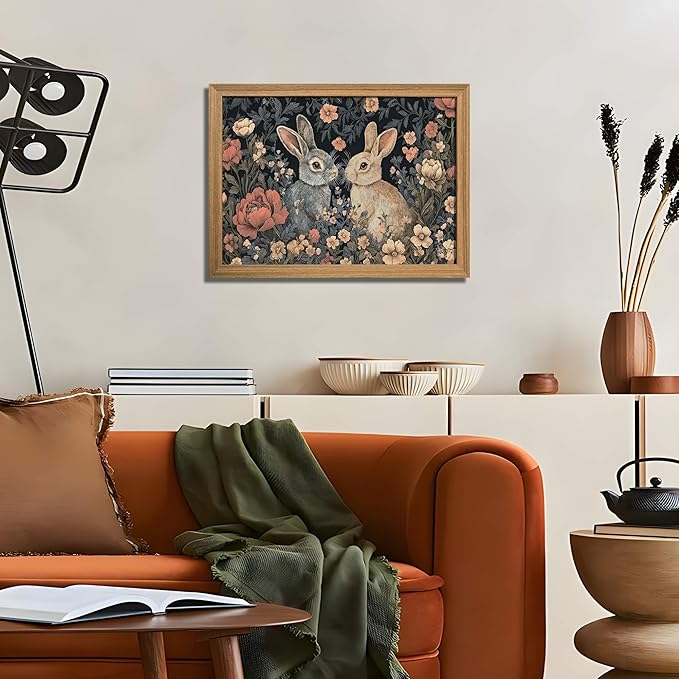 AKWISH Framed 3D Textured Vintage Wall Art - Dark Academia Easter Bunny Decor Hand Drawn Sandstone Paintings with Botanical Florals, Aesthetic Wall Decor for Living Room Bedroom Home 12x16 inch