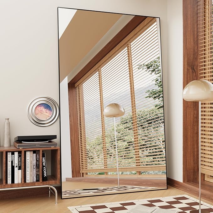 FANYUSHOW 76.3"x37" Full Length Mirror Floor Standing Aluminum Frame for Living Room, Tempered Glass Floor Mirror, Simple Home Decor, Wall Decor for Bedroom & Bathroom, Large Full Body Mirror, Black