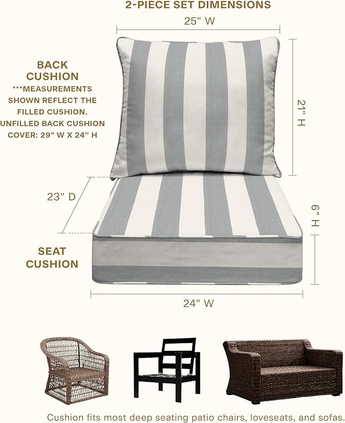 Honeycomb Outdoor Deep Seat, 24 x 23, Cabana Stripe Stone Grey Chair Cushion for Patio Furniture