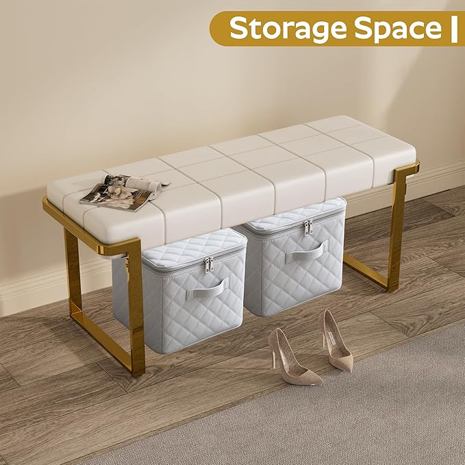 Upholstered Dining Bench, 44.29 Inch Leather Upholstered Bedroom Benches, Entryway Bench for Living Room Kitchen Dining Room(White&Gold)