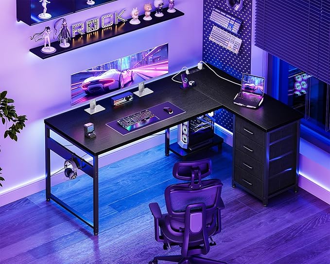 AODK L Shaped Gaming Desk with 4 Drawers, 53" Reversible Home Office Desks with Power Outlets, L Shaped Computer Desk with USB Charging Port and Host Stand, Corner Desk, Easy to Assemble, Black
