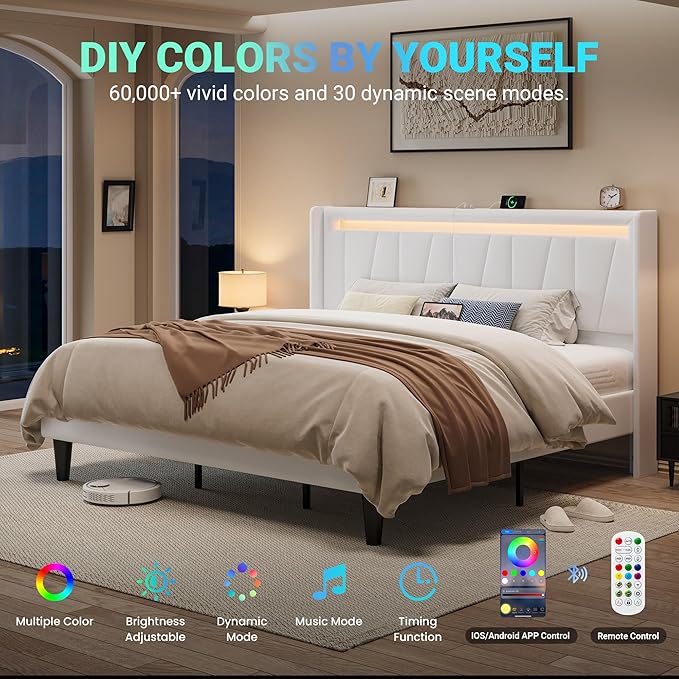 Allewie King Size LED Bed Frame with Charging Station, Velvet Upholstered Platform Bed with Geometric Wingback Headboard, Modern Frame with No Box Spring Needed, Easy Assembly, White