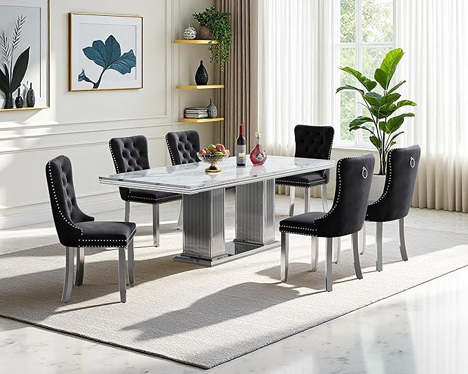 68" Faux Marble Dining Table Set for 6, 7-Piece Dining Set with White Silver Kitchen Table and 6 Velvet Tufted Chairs, Modern Rectangular Dining Room Tables with Column-Shape Stainless Steel Base