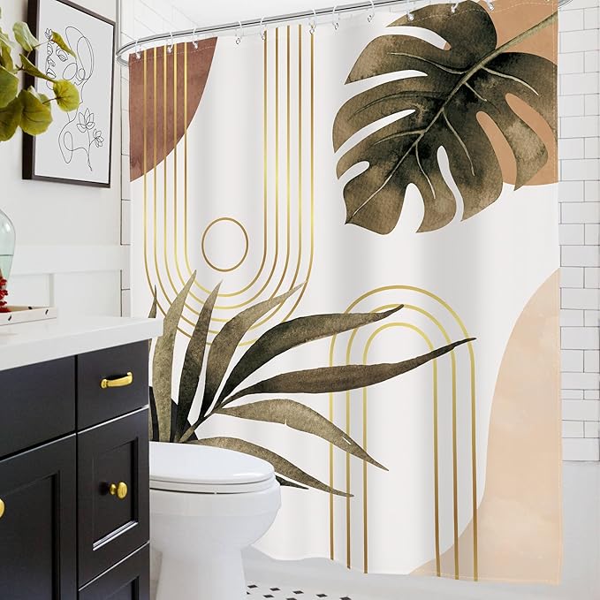 Glawry Boho Brown Shower Curtain 60Wx72L Inches, Abstract Bohemian Mid Century Bathroom Curtains, Plant Botanical Palm Leaf Shower Curtain Set Bath Accessories Fabric Waterproof 12 Hooks