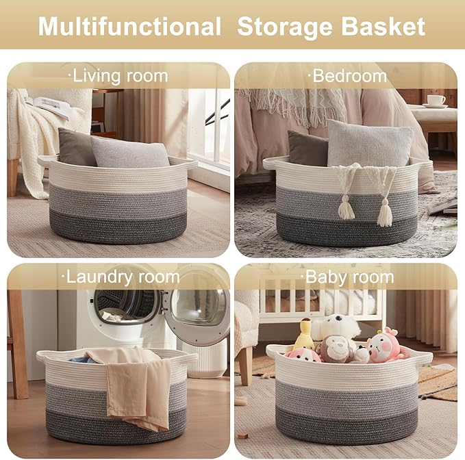 OIAHOMY Extra Large Storage Basket, 24" x 15" Woven Blanket Storage for Living Room, Round Laundry Basket for Pillow - Gradient Grey