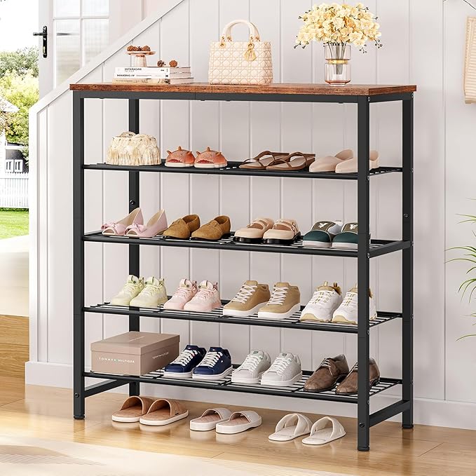 usikey 5-Tier Shoe Rack, Industrial Shoe Storage Organizer for 12-16 Pairs of Shoes, Metal Shoe Shelf with Wooden Top, Shoe Stand with 3 Metal Shelves for Entryway, Hallway, Closet, Rustic Brown