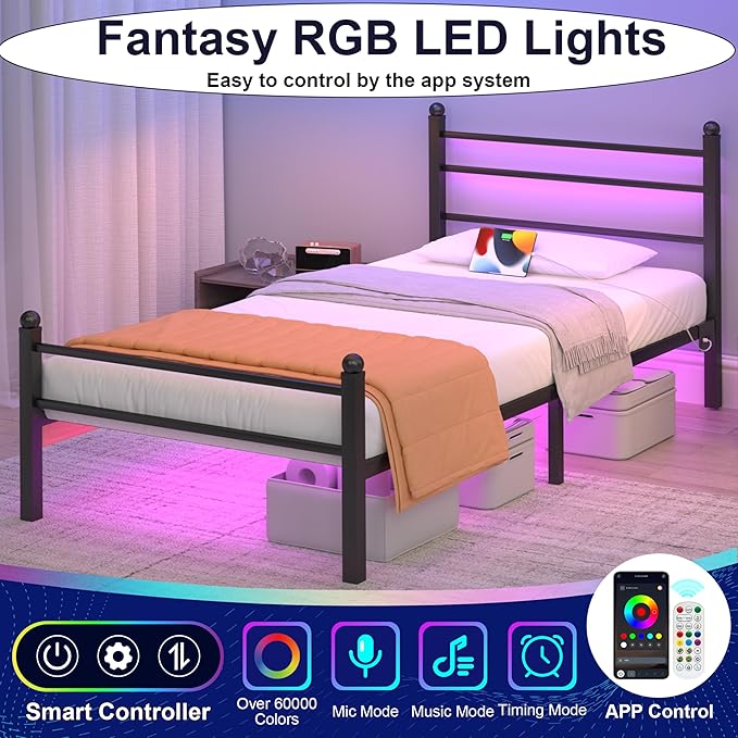 Twin Bed Frame with LED Lights & Charging Station, Metal Platform Bed with Headboard, Heavy Duty Metal Slats, No Box Spring Needed, Noise Free, Easy Assembly, Black