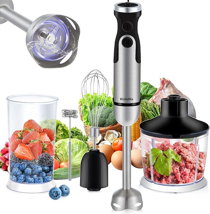 BioloMix Hand Blender 5 in 1 Immersion Blender 1000W, 6 Speed With Turbo Mode hand blenders immersion Stainless Steel Blade With 800ml Chopper, 600ml Mixing Beaker, Whisk and Milk Frother