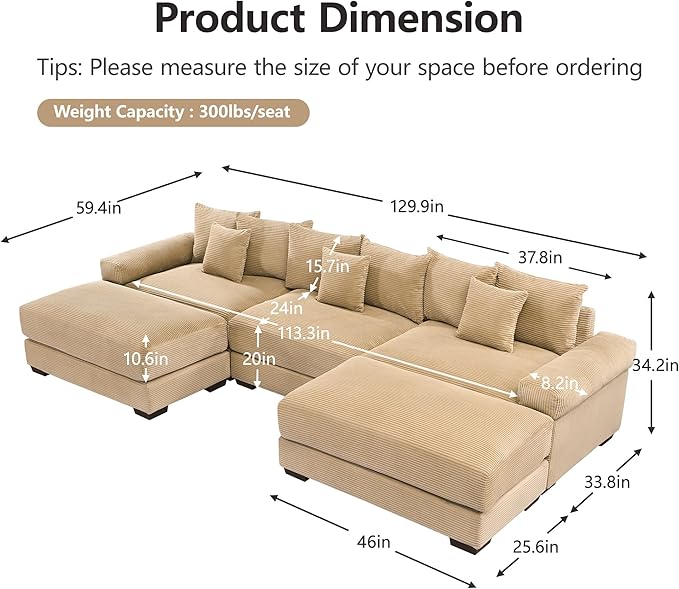 KEIKI 130" U-Shaped Oversized Corduroy Modular Cloud Sectional Sofa with 2 Ottoman, High-Density Foam Cushion, Extra-Thick Armrest, 3-Seater Fluffy Corner Couch with 9 Pillow, for Living Room, Camel