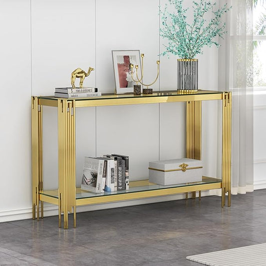 Goujxcy Modern Glass Console Table 55" Gold Entryway Table with Tempered Glass Top and Mirror Finish Stainless Steel Legs, Luxury Rectangular Sofa Table for Living Room Hallway Corridor Table (Gold)