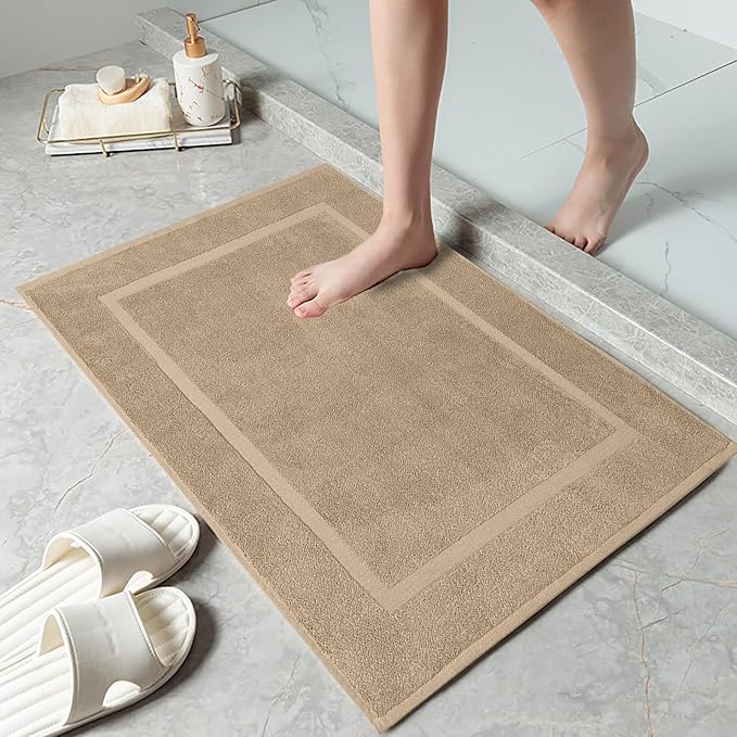 DAN RIVER Classic Bath Mat - Tan, 100% Ring Spun Cotton, Pack of 2, 21x34 inches, 800 GSM, Non-Slip, Absorbent, Quick Drying, Machine Washable Bathroom Floor Mats for Shower, Kitchen & Bath