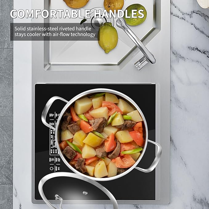 LOLYKITCH Tri-Ply Whole Clad 8 Quarts Stainless Steel Stock Pot with Lid,Induction Cooking Pot,Soup Pot,Heavy Duty,Oven and Diswasher safe.