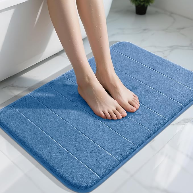 Yimobra Memory Foam Bath Mat, Super Soft Absorbent Bathroom Rug Non Slip 31.5x20 Inch, Quick Dry, Machine Washable Floor Carpet for Tub Shower, Home Decor Accessories, Blue