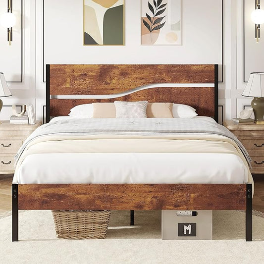 VECELO Queen Size Platform Bed Frame with Headboard and Footboard, Solid and Strong Metal Support, No Box Spring Needed