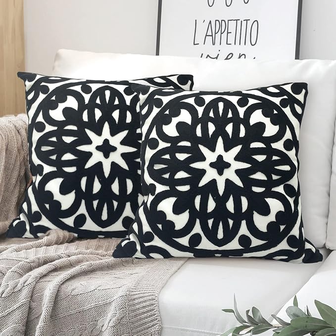 Alysheer Embroidered Decorative Throw Pillow Covers 18"x18" Set of 2 Pieces, Classic Boho Mandala Knit Pattern, Durable 100% Cotton Canvas Cozy Cushion Cases for Sofa Couch Living Room (Black)