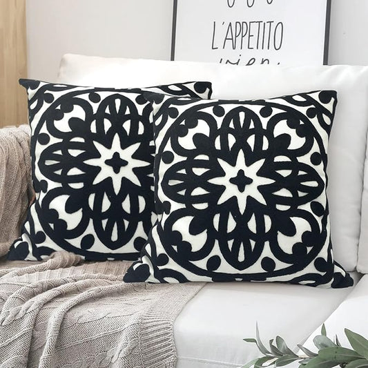 Alysheer Embroidered Decorative Throw Pillow Covers 18"x18" Set of 2 Pieces, Classic Boho Mandala Knit Pattern, Durable 100% Cotton Canvas Cozy Cushion Cases for Sofa Couch Living Room (Black)