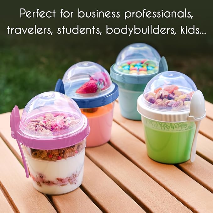 Crystalia Reusable Yogurt Parfait Cups with Leak-Proof Lids, On the Go Plastic Bowls with Topping Cereal Oatmeal Salad or Fruit Container, Set of 4, Made in Europe (Small 17 oz)