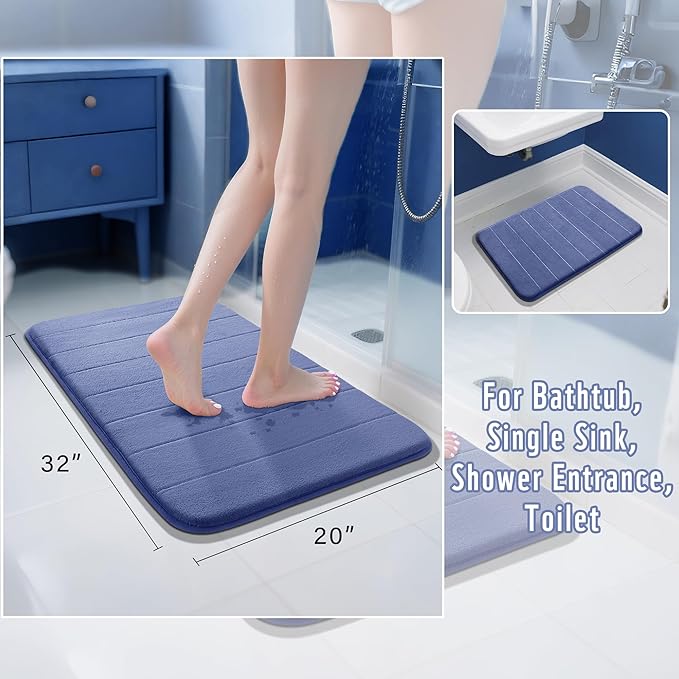 Yimobra Memory Foam Bath Mat, Super Soft Absorbent Bathroom Rug Non Slip 31.5x20 Inch, Quick Dry, Machine Washable Floor Carpet for Tub Shower, Home Decor Accessories, Navy Blue