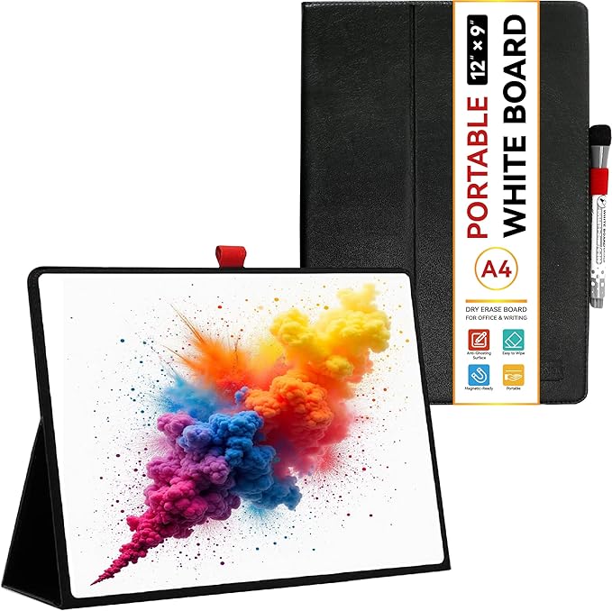 Portable Small White Board, 12" x 9" Magnetic Dry Erase Board with Stand, Desk Whiteboard for Kids Drawing, Comes with 1 Marker with Eraser for Clear, (Black)