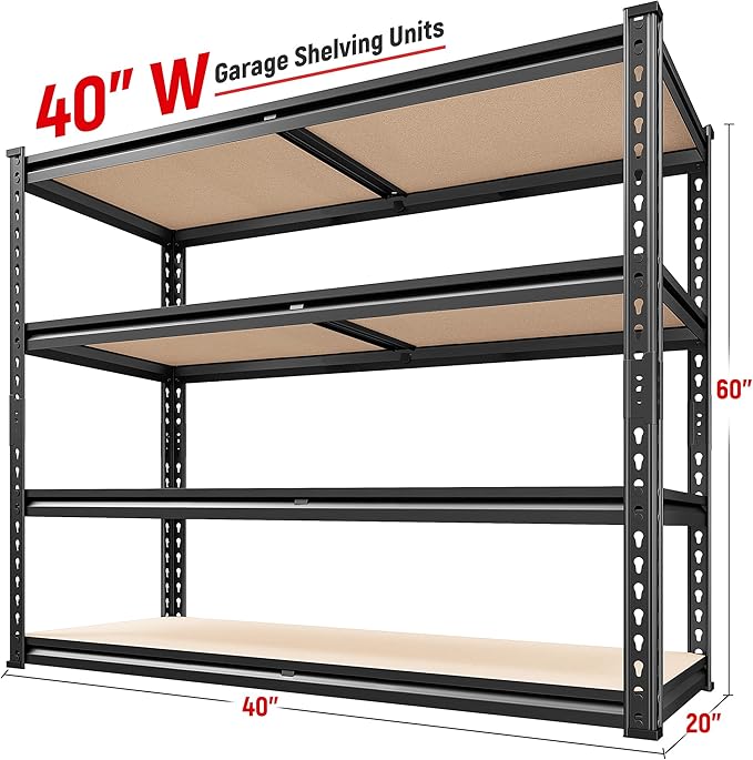 REIBII 40" W Garage Shelving 2000LBS Storage Shelves Adjustable Metal Shelving Heavy Duty 4 Tier Garage Shelves 60" H Metal Shelves for Closet Pantry Kitchen Warehouse 40" W × 20''D × 60''H