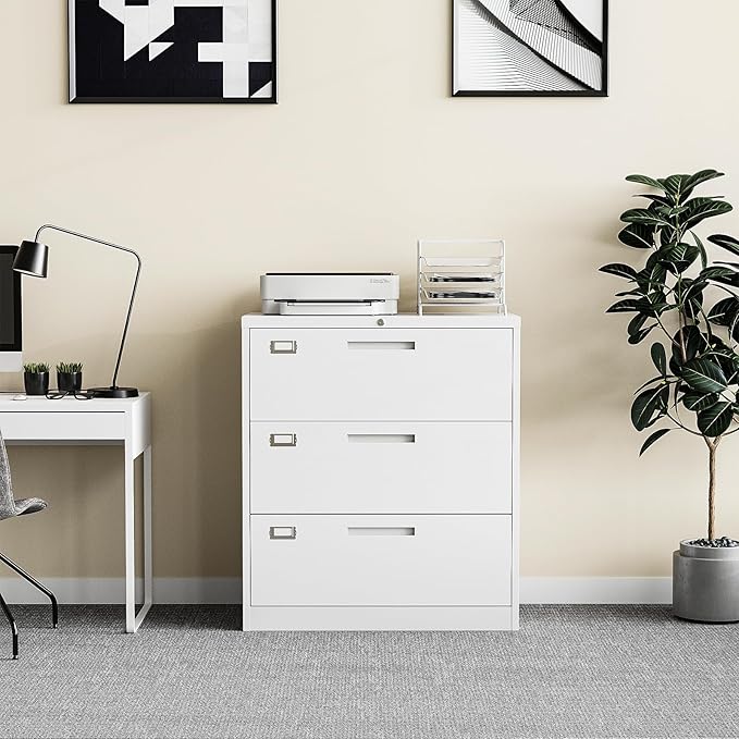 Lateral Filing Cabinet,3 Drawer File Cabinet with Lock,Office Lateral File Cabinets for Legal/Letter A4 Size,Require Assembly, White