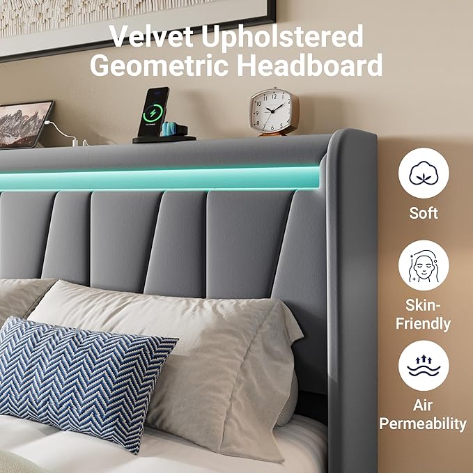 Allewie Full Size LED Bed Frame with Charging Station, Velvet Upholstered Platform Bed with Geometric Wingback Headboard, Modern Frame with No Box Spring Needed, Easy Assembly, Grey