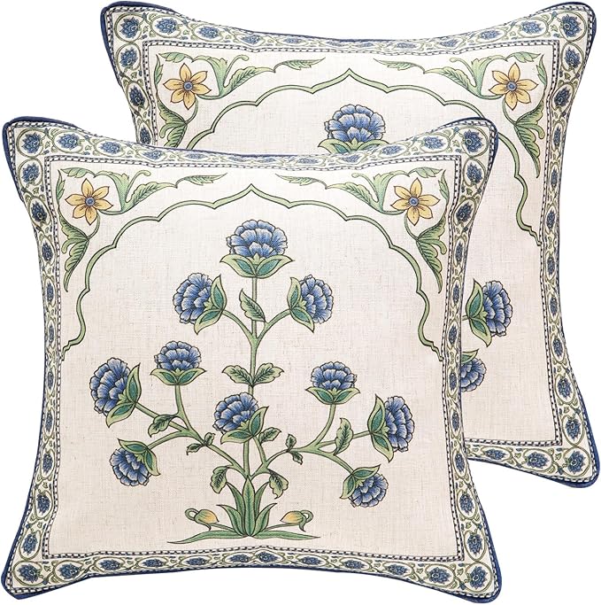 patdrea Designer Throw Pillow Covers Set of 2,Blue Euro Elegant Linen with Blooming Floral Pattern Pillow Cover,Decorative Square Pillowcases Cushion for Bed Living Room Outdoor Car,18"x18"