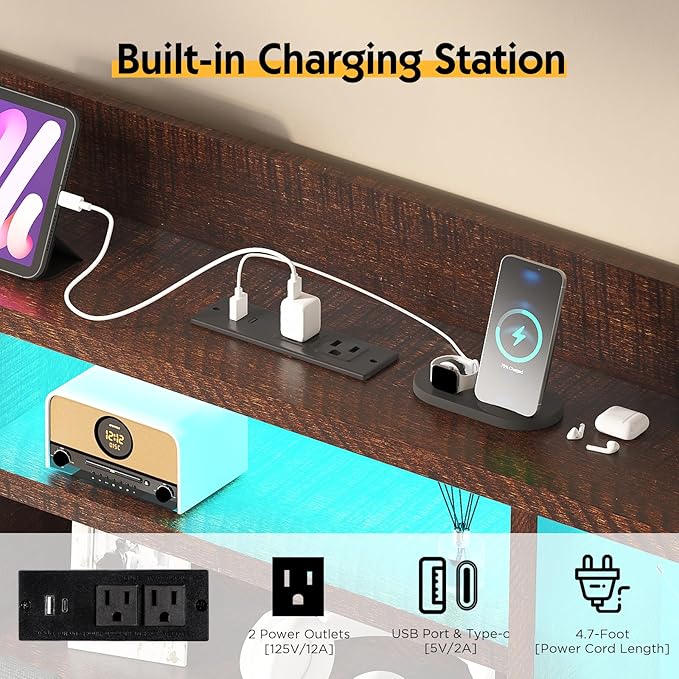 Queen Farmhouse Bed Frame with Bookcase Headboard and 4 Drawers, LED Storage Bed with Charging Station & Linen Upholstered, No Box Spring Needed, Reclaimed Barnwood