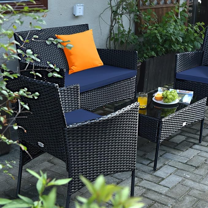Tangkula 4 Pieces Patio Furniture Set, Outdoor Wicker Conversation Set with Tempered Glass Tabletop, Rattan Sofa and Chairs Set with Off White & Navy Cushion Covers
