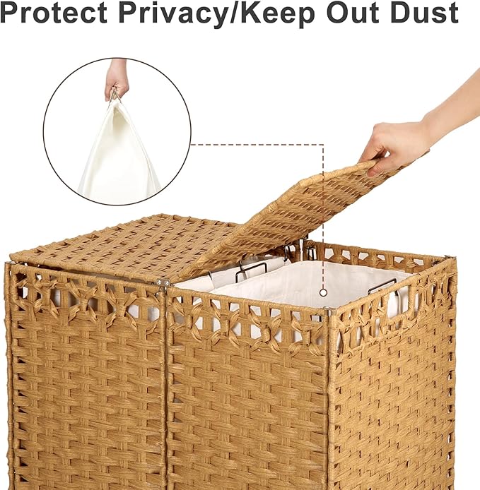 130L Foldable Laundry Hamper with Lid - Handwoven Rattan Storage Basket, 2-Section Clothes Hamper w/2 Removable Liner Bags, Easy Assembly, Portable for Bedroom Bathroom Dorm,Natural