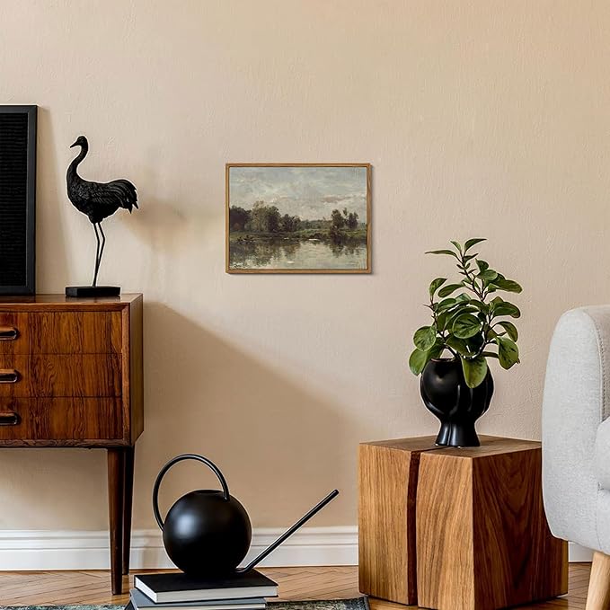 Floating Framed Canvas Wall Art - Tranquil River Landscape Pictures Prints, Countryside Vintage Scenery Paintings Wall Decor for Living Room Bedroom Office Home Decoration 8x10 inch