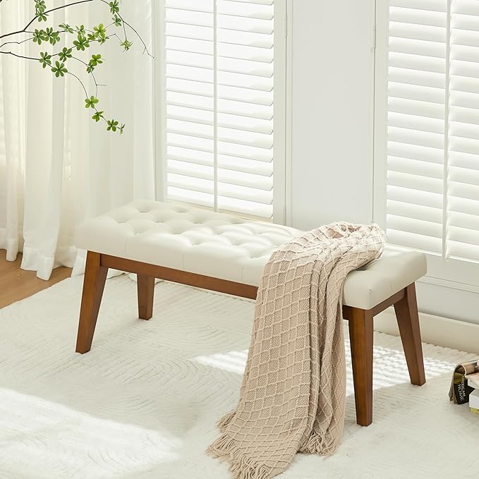 43.5'' Faux Leather Bedroom Bench, Upholstered End of Bed Bench with Tufted Button, Padded Vintage Dining Bench, Entryway Bench with Solid Wood Legs, Kitchen, Living Room, Hallway, Beige Tufted