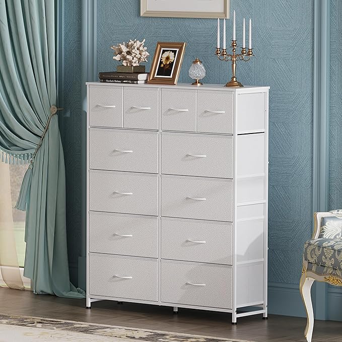 WLIVE Storage Organizer Unit with 12 Fabric Bins, Storage Drawers Organizer with Steel Frame, Tall Storage Tower Organizaton for Living Room, Hallway, Office, White