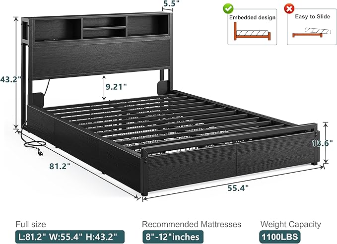 EnHomee Full Size Bed Frame with 6 Storage Drawers Full Bed Frame with Headboard, Storage Bed with Charging Station, No Noise,No Box Springs Needed,Black
