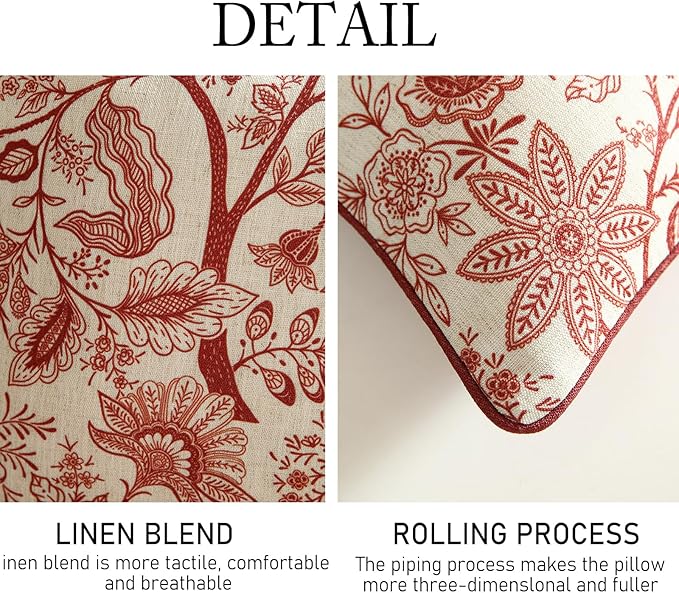 Design Linen Square Throw Pillow Covers 18"x18" Pack of 2, French Country Cushion Covers with Red Toile de Jouy Floral Pattern Decoration Pillowcases for Bed, Living Room, Outdoor, Car