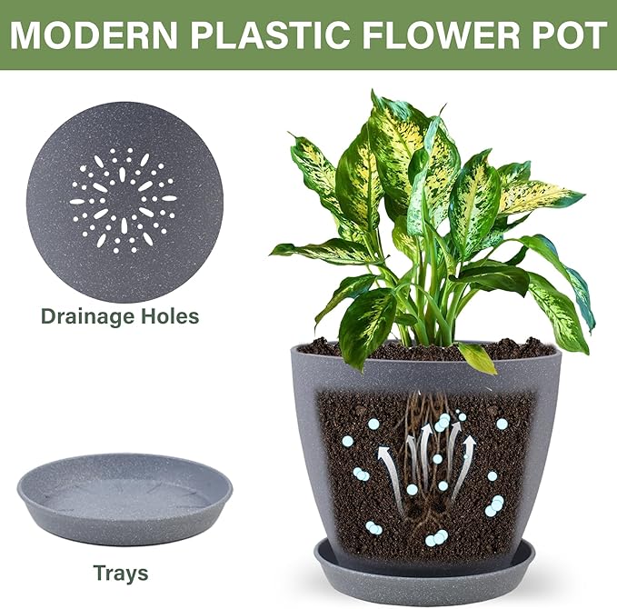 Plant Pots- 8.5/7.5/6.5/6 Inches 4 Pack Plastic Plant Pots,Indoor Decor Flower Pots with Drainage Holes and Tray,Home Decor Planters for Indoor Plants Cactus, Succulents Pot