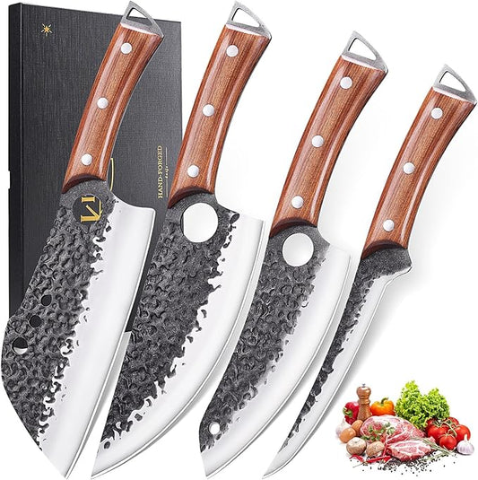 Butcher Knife Set, KITNATS 4PCS Hand Forged kitchen knives Set-Meat Cleaver Knife & Serbian Chef Knives & Vegetable Knives & Boning Knifes, Viking Knives for Kitchen, Outdoor Cooking, BBQ Gift for Men