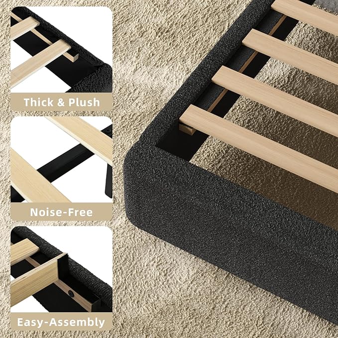 HOMBCK Bed Frame Queen Size, Boucle Upholstered Platform Queen Bed Frame with Headboard, Soft Headboard with Rounded Corners Design, Wood Slats, No Box Spring Required, Easy Assembly, Black