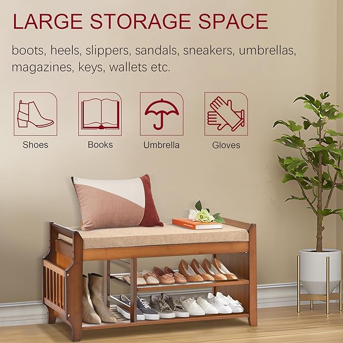 Shoe Storage Bench for Entryway, Bamboo Entryway Bench with Hidden Drawer and Side Brackets,2-Tier Shoe Rack Organizer for Entryway, Hallway,Bedroom and Bathroom