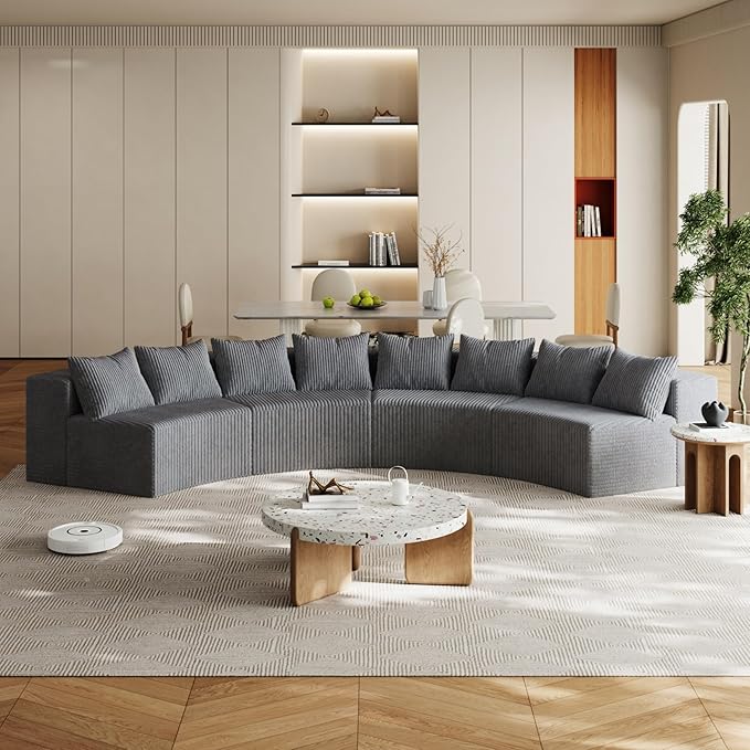 KEIKI Corduroy Curved Sectional Sofa, 4 Seater Symmetrical Modular Semi Circular Couch, Tufted Corner Sofa for Living Room, Lobby, Gray