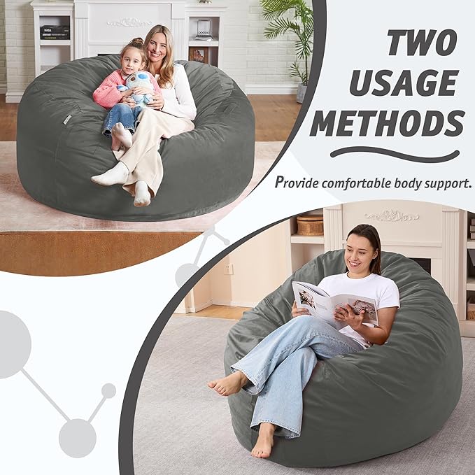 5FT Bean Bag Chair with Ultra Soft Velvet Cover Bean Bag Sofa with Memory Foam Bean Bag Chairs with Large Size Lazy Sofa for Dorm Office Living Room Bedroom Light Grey 5'