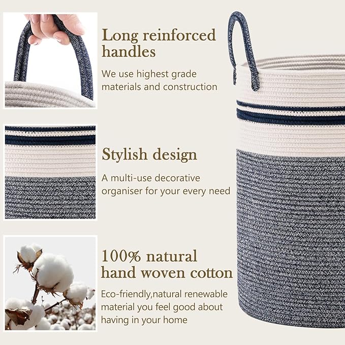 Woven Rope Laundry Hamper Basket, 72L Tall Laundry Basket, Baby Nursery Hamper for Blanket Storage in Bedroom-Large-Blue