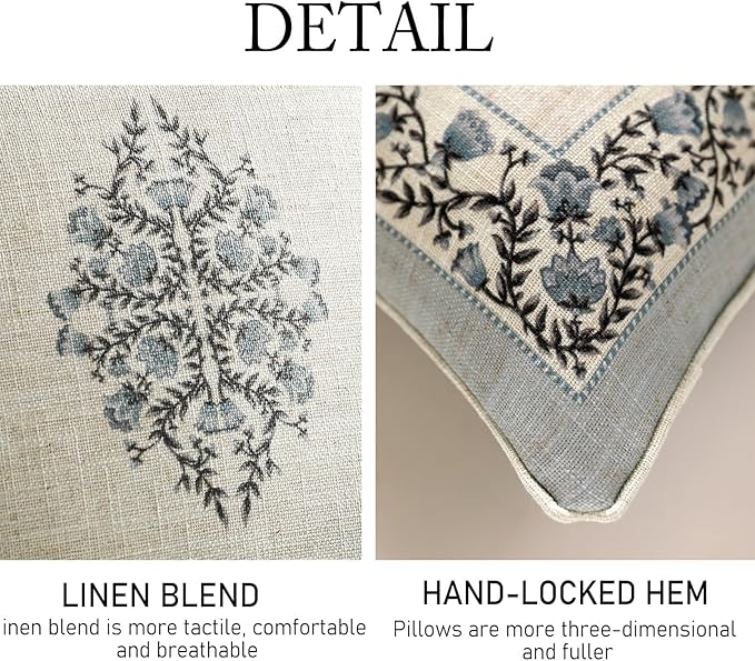 Design Linen Rectangle Throw Pillow Covers 12"x20" Pack of 2, Cottage Farmhouse Cushion Covers with Blue Grey Thorn Vine Pattern Decoration Pillowcases for Bed, Living Room, Outdoor, Car